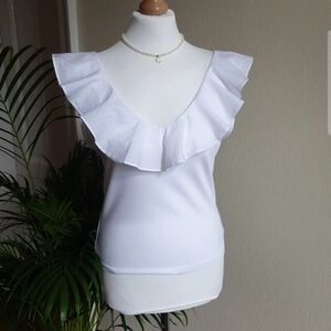 Mango White Ruffle V-Neck Tank Top - S